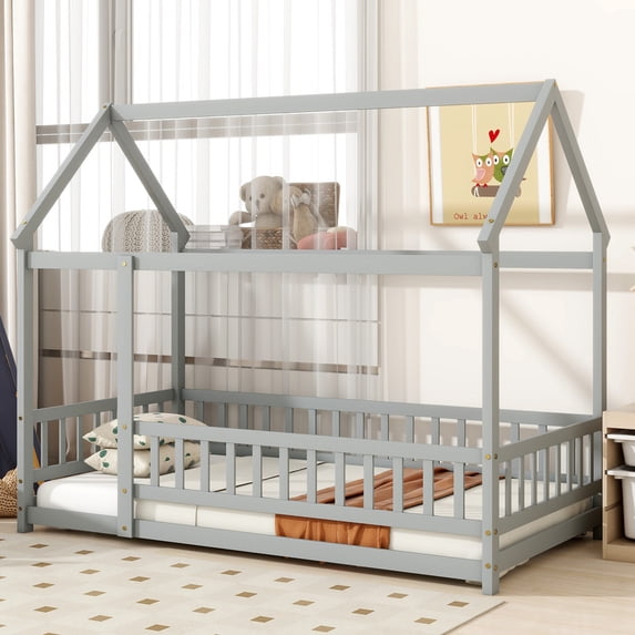 Bellemave Twin Floor Bed, Twin Size House Bed Frame with Fence, Wood Montessori Bed for Bedroom (Gray)