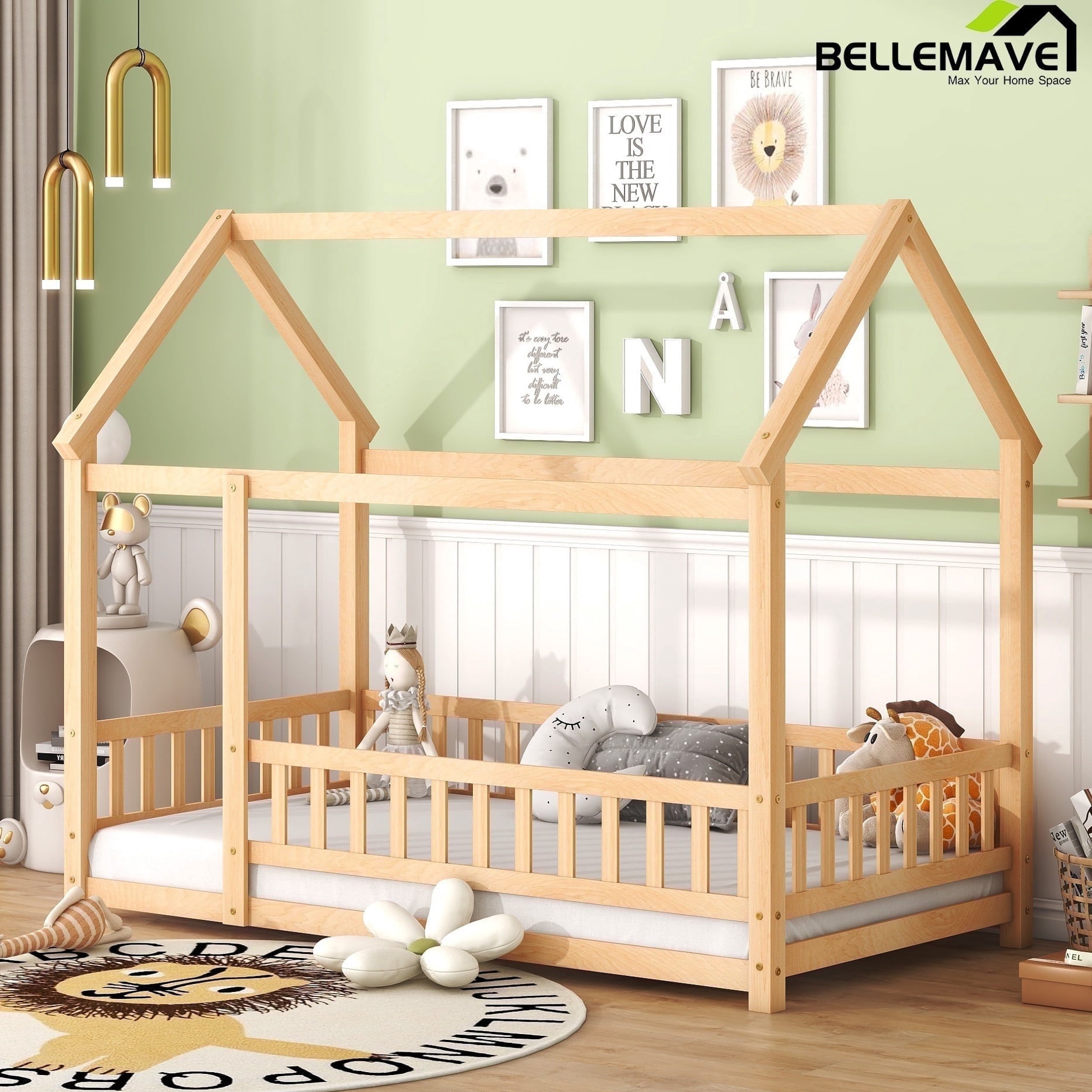 Bellemave Full Floor Bed, Wood Full Size House Bed Frame with Fence, Montessori Floor Bed for Bedroom（Natural)