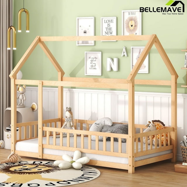 Bellemave Full Floor Bed, Wood Full Size House Bed Frame with Fence, Montessori Floor Bed for Bedroom(Natural)