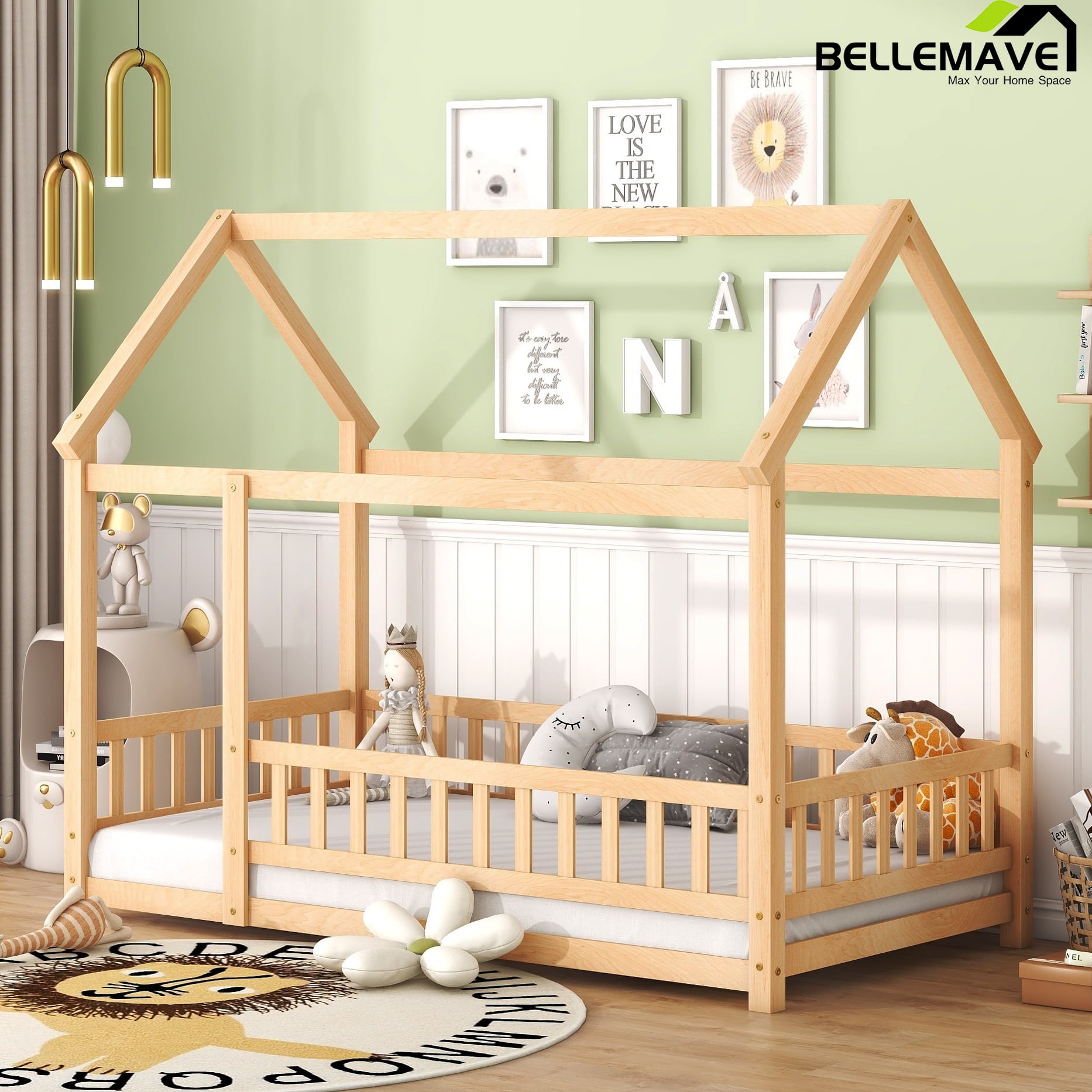 Bellemave Twin Floor Bed for Kids, Wood Twin Size House Bed Frame with ...