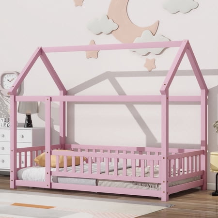 Bellemave Twin Floor Bed, Wood Twin Size House Bed Frame with Fence, Montessori Floor Bed for Bedroom (Pink)