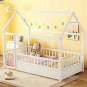 Bellemave Twin Floor Bed, Wood Twin Size House Bed Frame with Fence, Montessori Floor Bed for Bedroom (White)