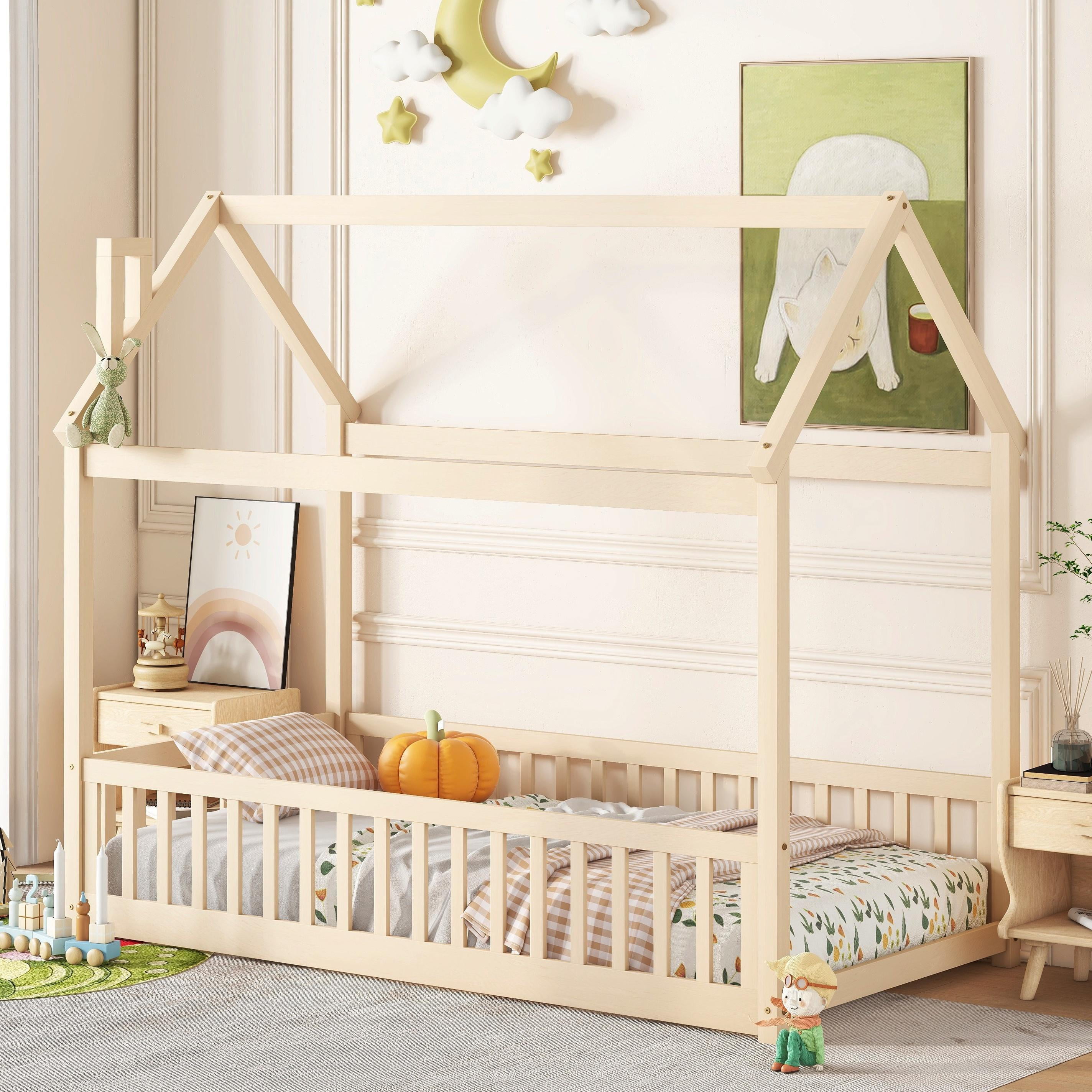 Bellemave Twin Size Bed with Removable Rails, Solid Wood Montessori Bed with Headboard and Footboard, Rounded Corners Twin Platform Bed with Fence, No Box Spring Needed, Natural