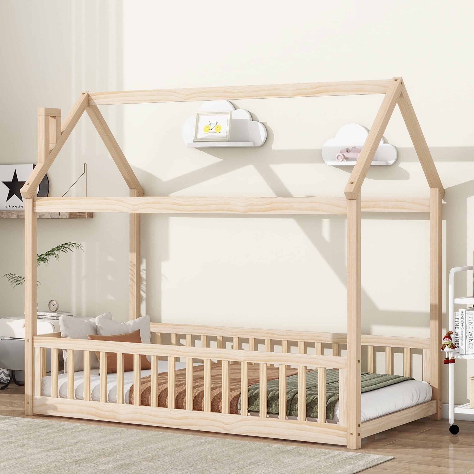 Bellemave Twin Floor Bed for Kids, Wood Twin Size Montessori House Bed ...