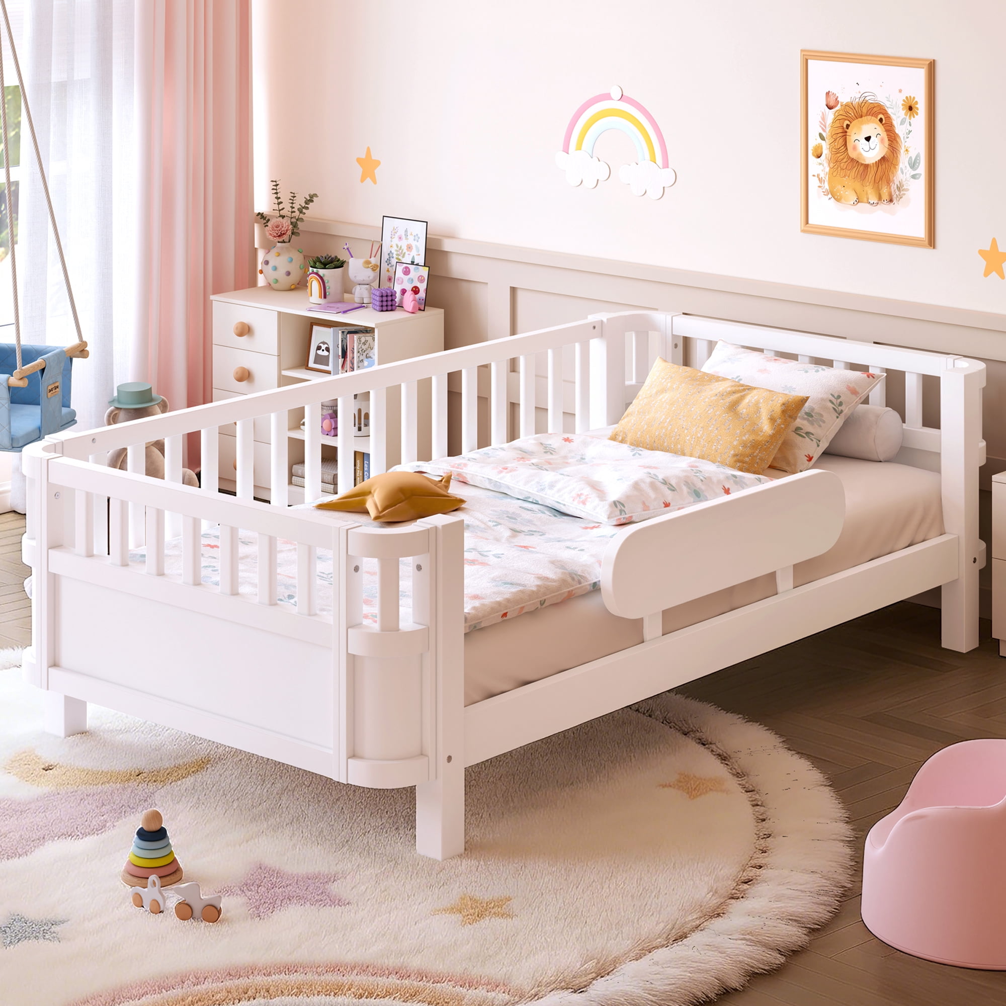 Bellemave Twin Size Bed with Removable Rails, Solid Wood Montessori Bed with Headboard and Footboard, Rounded Corners Twin Platform Bed with Fence, No Box Spring Needed, White
