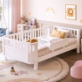thumbnail image 1 of Bellemave Twin Size Bed with Removable Rails, Solid Wood Montessori Bed with Headboard and Footboard, Rounded Corners Twin Platform Bed with Fence, No Box Spring Needed, White, 1 of 8