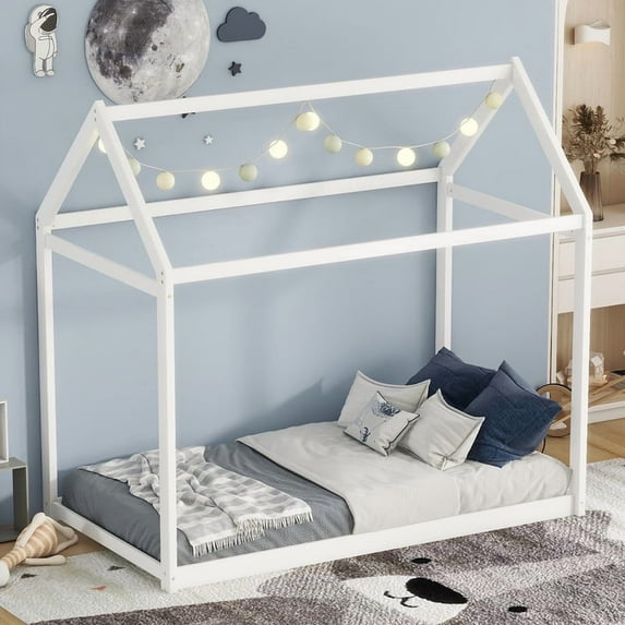 Bellemave Twin Floor Bed, Wood Twin Size Montessori House Bed with Rails, Twin Bed Frame with Roof, No Box Spring Needed (White)