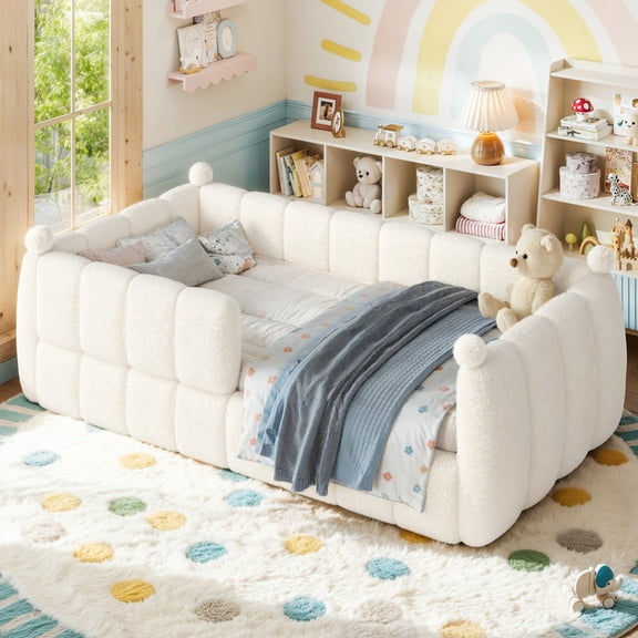 Bellemave Twin Size Montessori Floor Bed, Upholstered Teddy Fleece Child Bed Frame with High Rails, 2-in-1 Daybed with Slats for Toddler Boys Girls, No Box Spring Needed,Beige