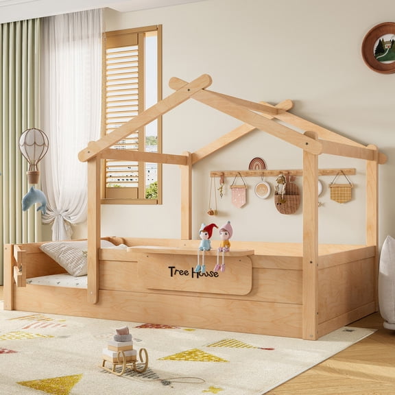 Bellemave Twin Floor Bed with Guardrails and Roof, Wood House Floor Beds Frame with Built-In Tray, Low Profile Design for Small Space, Natural