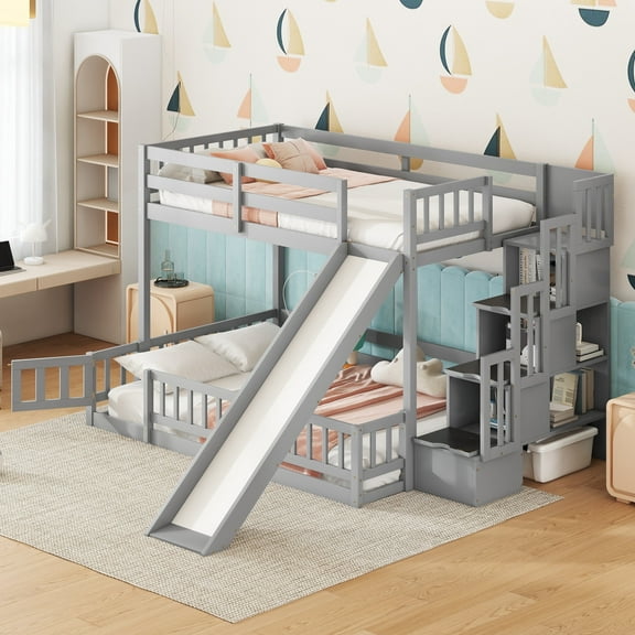 Bellemave Twin Over Full Bunk Bed with Slide and Stairs, Wood Low Bunk Bed with Fence and Door, Floor Bunk Bed Twin Over Full Size for Teens（Gray)