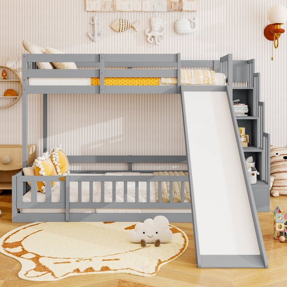 Twin Over Full Bunk Bed with Slide, Storage Staircase, Solid Wooden Floor Bunk Beds with Guardrails and Door, Maximize Space(Gray)