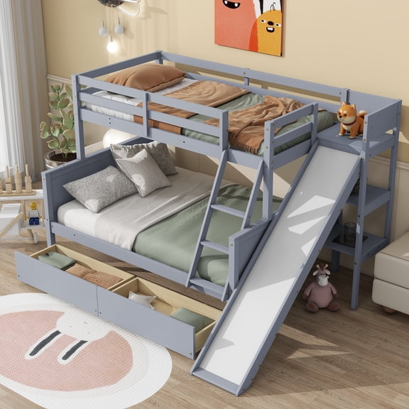 Bellemave Twin Over Full Bunk Bed with Slide and Storage, Wood Bunk Bed Frame with 2 Drawers & Shelves, Bunk Bed Twin Over Full for Teens Adults Dorm Small Space （Gray)
