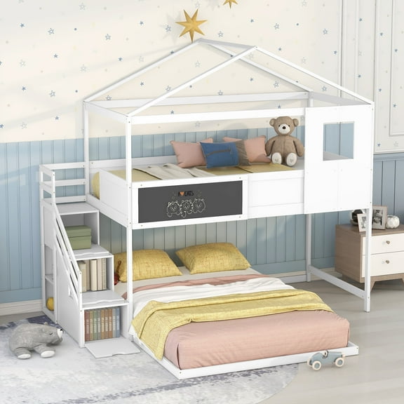 Bellemave Twin Over Full Bunk Bed with Stairs,  House Bunk Beds with Roof, Wood Bunk Beds with Storage and Chalkboard , White