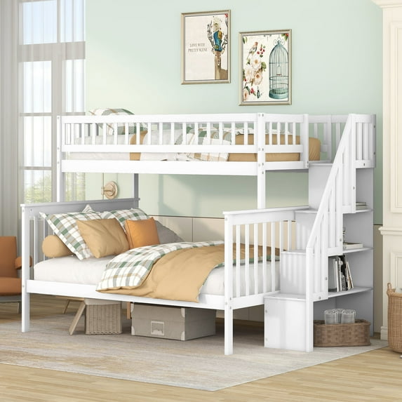 Bellemave Twin Over Full Bunk Bed with Stairs, Solid Wood Bunk Beds Frame with Storage Shelves, Detachable Stairway Bunk Beds for Teens Adult (White)
