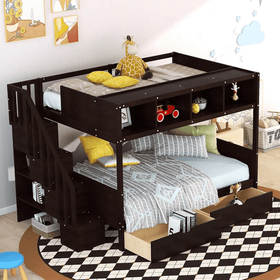Bellemave Twin Over Full Bunk Bed with Stairs, Solid Wood  Bunk Bed with 2 Drawers and 6 Storage Shelves, Stairway Bunk Beds for Teens Adults (Espresso)
