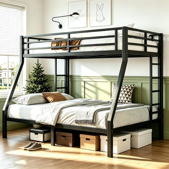 Bellemave Twin Over Full Bunk Beds, Heavy Duty Metal Bunk Beds with 2 Side Ladders, Industrial Style Bunk Bed Under-Bed Storage Space, No Box Spring Needed(Black)