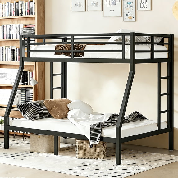 Bellemave Twin Over Full Bunk Beds, Heavy Duty Metal Bunk Beds with 2 Side Ladders, Industrial Style Bunk Bed Under-Bed Storage Space, No Box Spring Needed(Black)