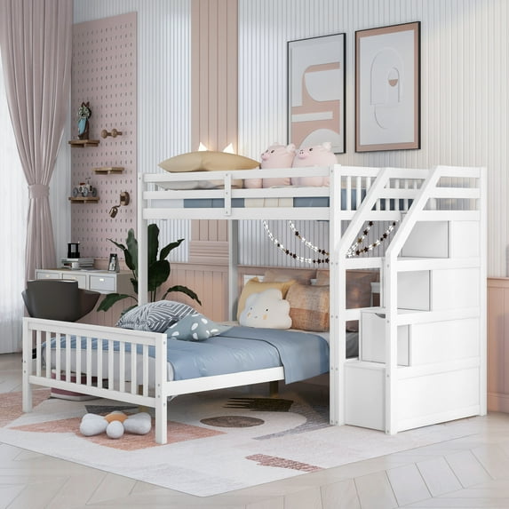 Bellemave Twin Over Full Bunk Beds with Stairs, Wooden Storage Stairway Bunk Beds Can be Divided into Loft Beds and Platform Bed, No Box Spring Needed (White)