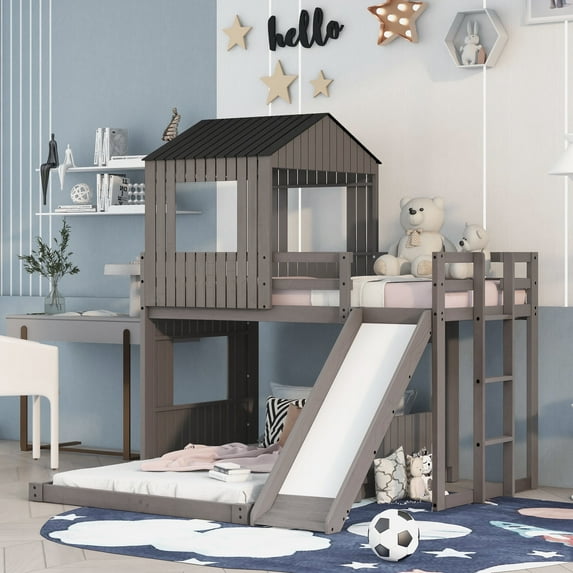 Bellemave Twin Over Full House Bunk Bed with Slide, Wood L-Shaped Fort Loft Bunk Beds Frame with Ladder, Floor Playhouse Bed, No Need Spring Box (Antique Gray)