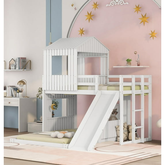 Bellemave Twin Over Full House Bunk Bed with Slide, Wood L-Shaped Fort Loft Bunk Beds Frame with Ladder, Floor Playhouse Bed, No Need Spring Box (White)