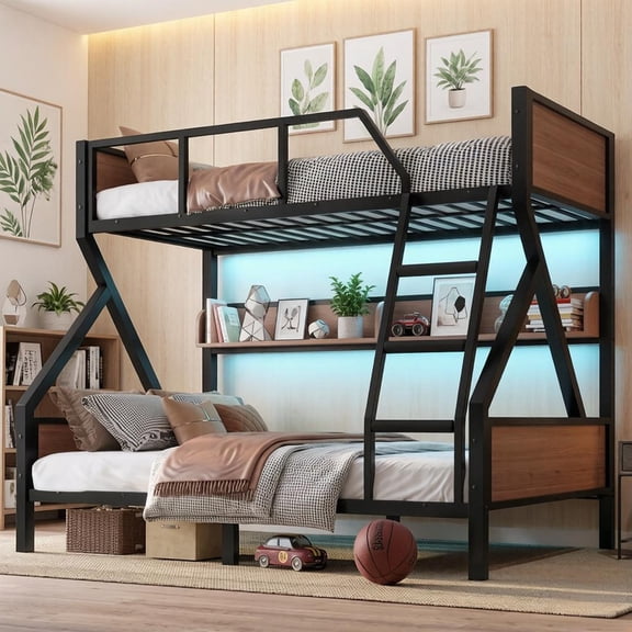 Bellemave Twin over Full Metal Bunk Bed with Storage Bookcase & LED Lights, Heavy Duty Twin Full Size Bed Bunk Bed with Ladder & Safe Guardrails, Space-saving BunkBed with Heaboard for Bedroom, Black