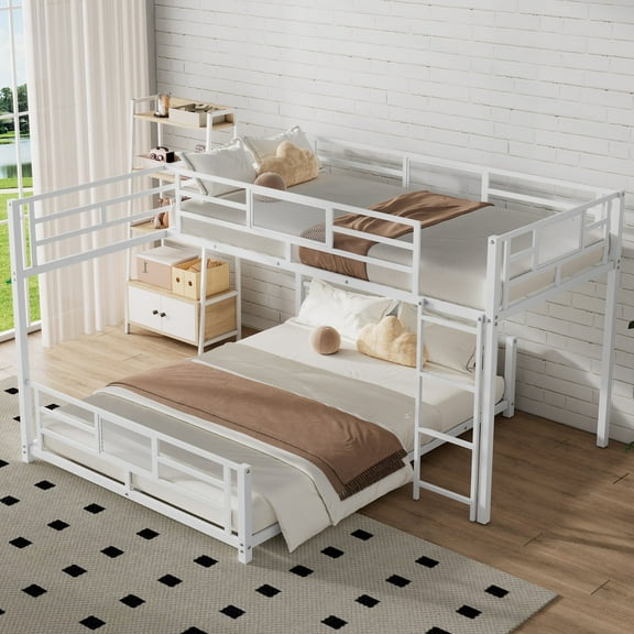 Bellemave Twin over Full Size Bunk Bed L-shaped Metal Low Bunk Bed with Guardrails and Ladder Junior Floor Bunk Bed Frame (White)