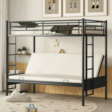 Bellemave Twin Over Futon/Full Bunk Bed, Metal Bunk Bed Frame with Couch, Convertible Bunk Bed Twin Over Full with Ladder for Bedroom (Black）