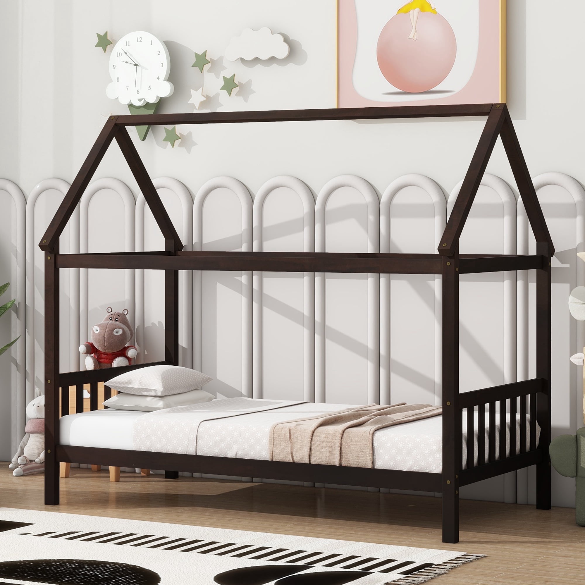 Bellemave Twin House Bed with Headboard and Footboard Sturdy Rubber Wood Platform Bed Frame, Montessori House Bed, No Box Spring Needed (Twin, Espresso)