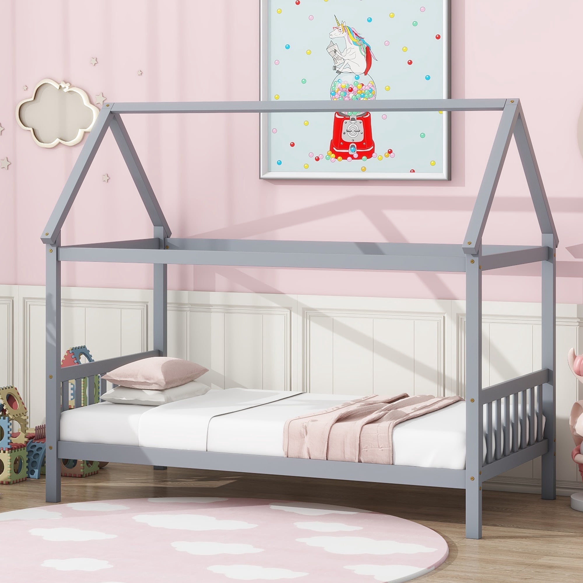 Bellemave Twin House Bed with Headboard and Footboard Sturdy Rubber Wood Platform Bed Frame, Montessori House Bed, No Box Spring Needed (Twin, Gray)