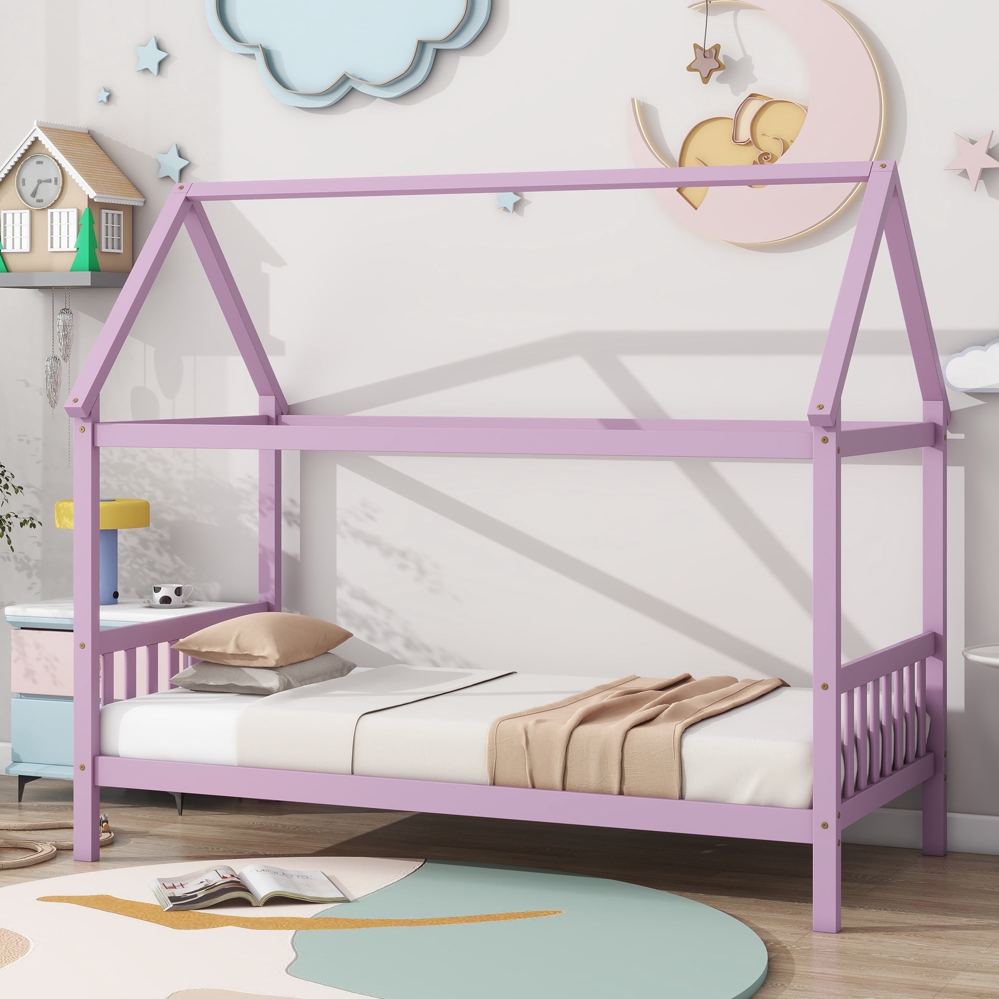 Bellemave Twin House Bed with Headboard and Footboard Sturdy Rubber Wood Platform Bed Frame, Montessori House Bed, No Box Spring Needed  (Twin, Pink)