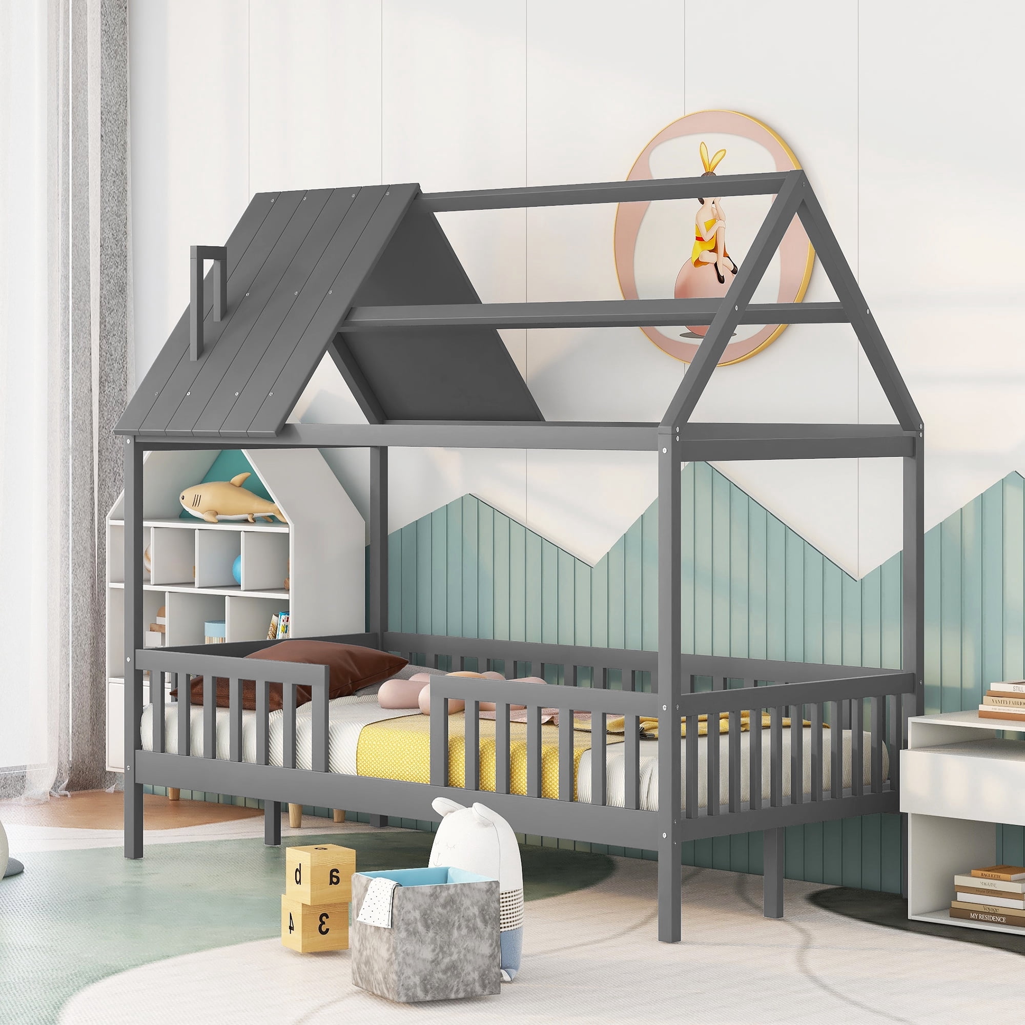 Bellemave Twin House Bed, Twin Size Wood Bed Frame with Roof and Fence, Montessori Beds Frame, No Box Spring Needed (Gray)