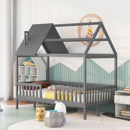 Bellemave Twin House Bed, Twin Size Wood Bed Frame with Roof and Fence, Montessori Beds Frame, No Box Spring Needed (Gray)