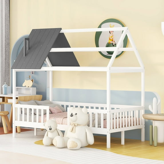 Bellemave Twin House Bed, Twin Size Wood Bed Frame with Roof and Fence, Montessori Beds Frame with Slats, No Box Spring Needed (White+Gray)