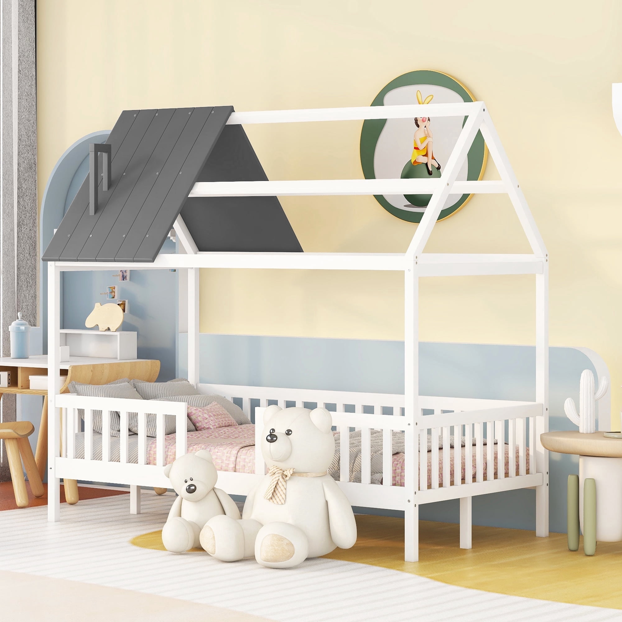 Bellemave Twin House Bed, Twin Size Wood Bed Frame with Roof and Fence, Montessori Beds Frame with Slats, No Box Spring Needed (White+Gray)