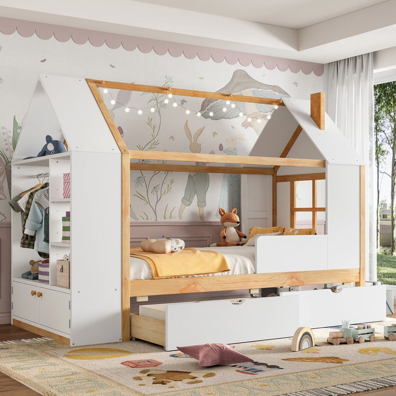 Twin Size House Platform Bed with Storage, Solid Wood House Bed with Drawers & Shelves, Solid Wood Platform Bed with Cabinet & Wardrobe, White & Natural