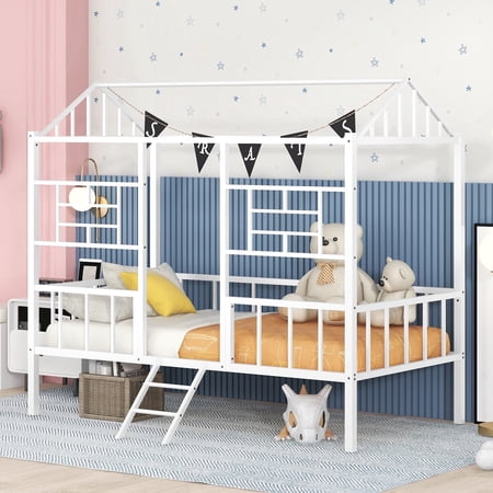 Bellemave Twin House Bed with Rails, Metal Cabin Bed Frame with Ladder, Playhouse Bed for Teens (Twin Size, White)