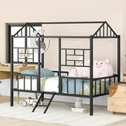 Bellemave Twin House Bed with Rails, Metal Cabin Bed Frame with Ladder, Playhouse Bed for Teens (Twin Size, Black)
