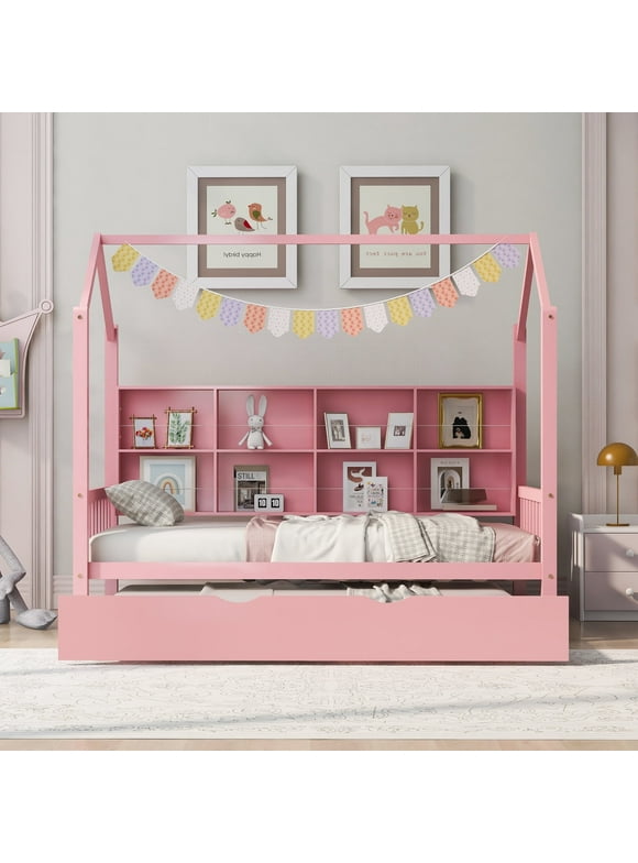 Bellemave Twin House Bed with Storage Drawers and Shelves, Kids Playhouse Bed Frame for Girls & Boys, Wood Montessori Bed (Pink)