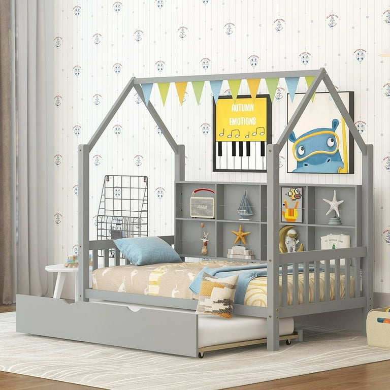 Bellemave Twin House Bed with Trundle, Shelves, Playhouse Frame