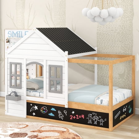 Bellemave Twin House Beds with Chalkboard, Wood 4 Poster Canopy Bed for Kids, Twin Size Montessori Bed Playhouse Cabin Bed Frame for Girls Boys Children Teens Juniors, Mixed-White