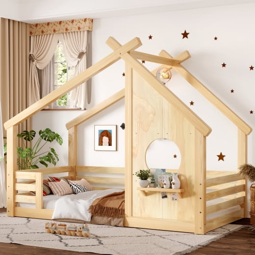 Bellemave Twin House Floor Bed with Window and Shelf, Solid Wood Montessori Bed with Roof, Low to Ground House Bed with High Fence for Bedroom, Natural