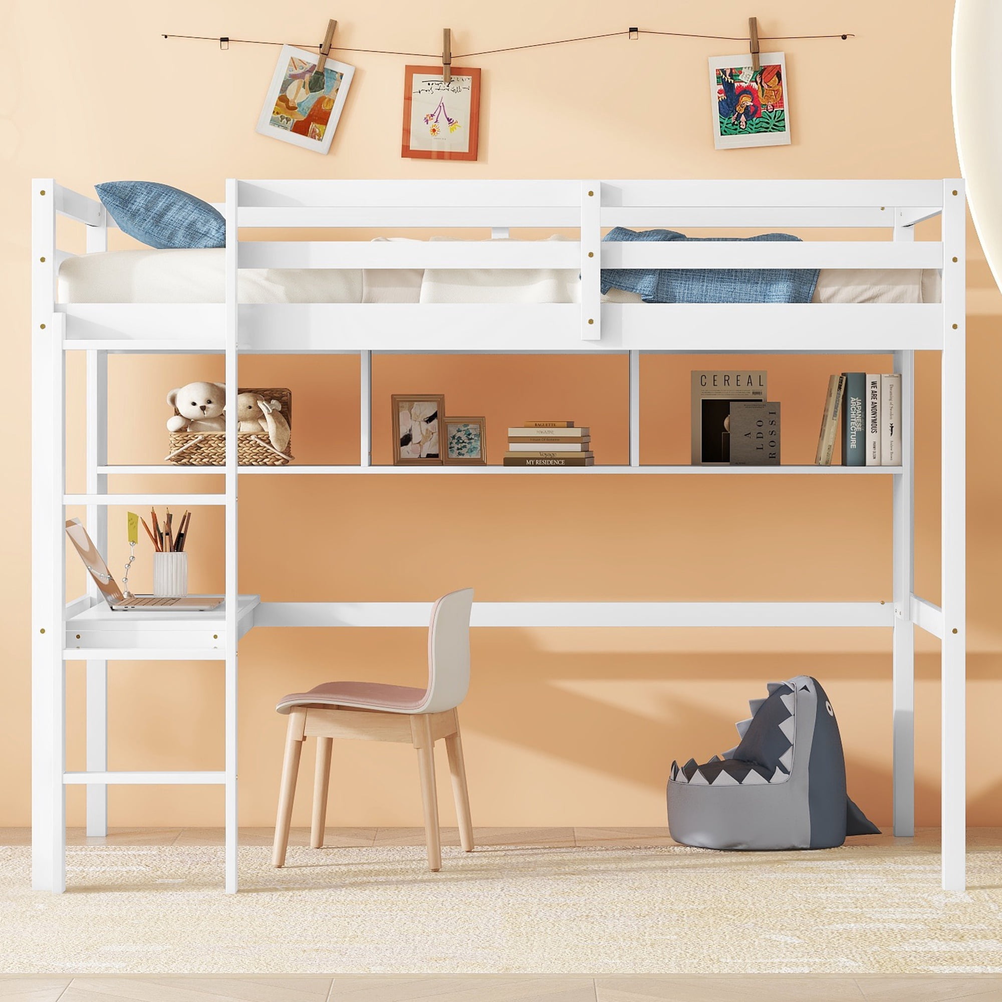 Bellemave Twin Loft Bed with Built-in Desk and Storage Bookcases Space Saving Twin Wooden Loft ...