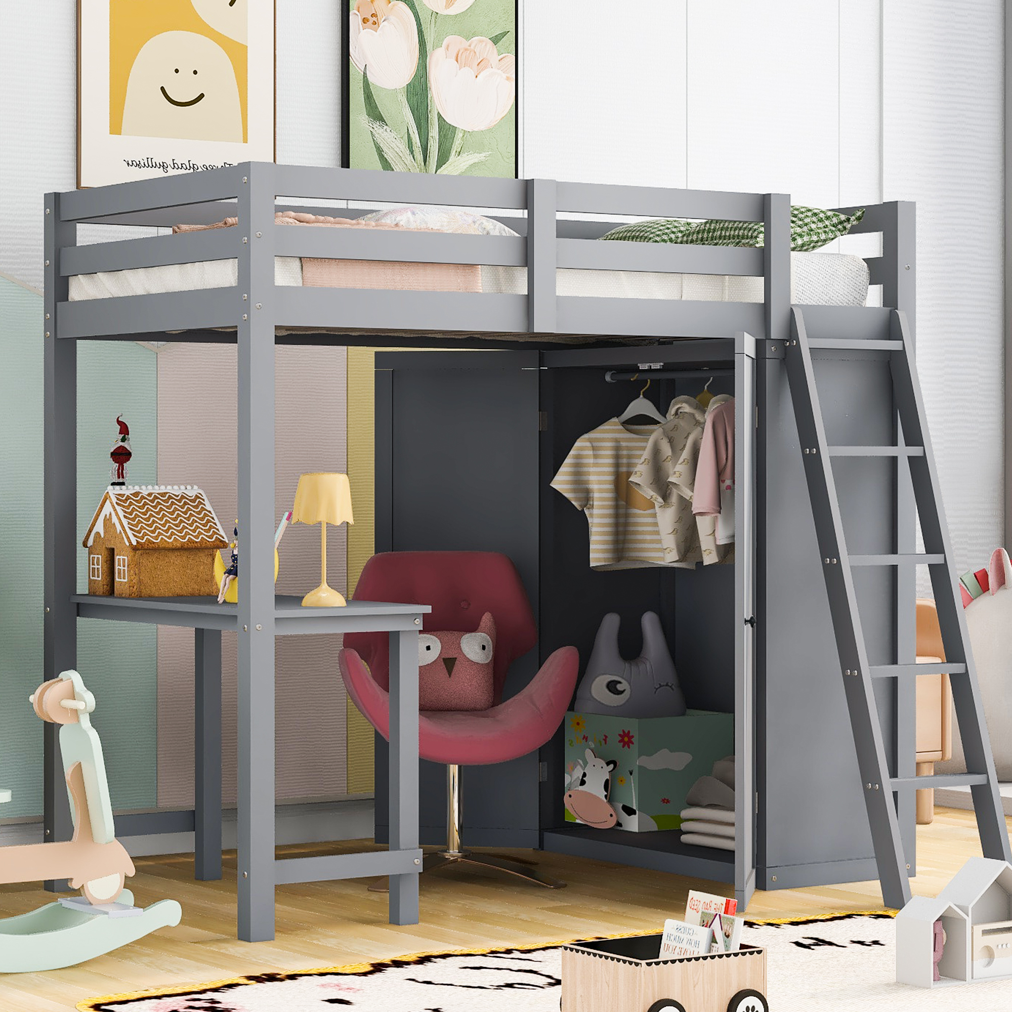 Bellemave Twin Loft Bed with Builtin Desk and Wardrobe Space Saving