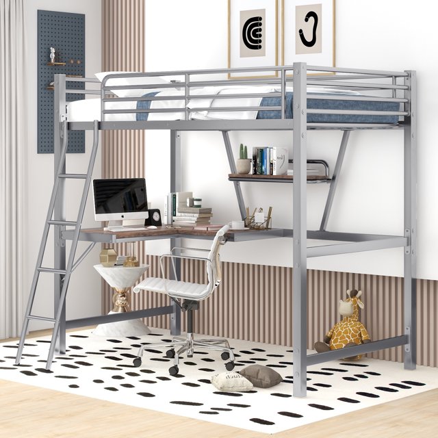 Bellemave Twin Loft Bed with Desk and Storage Shelf, Metal Frame, No