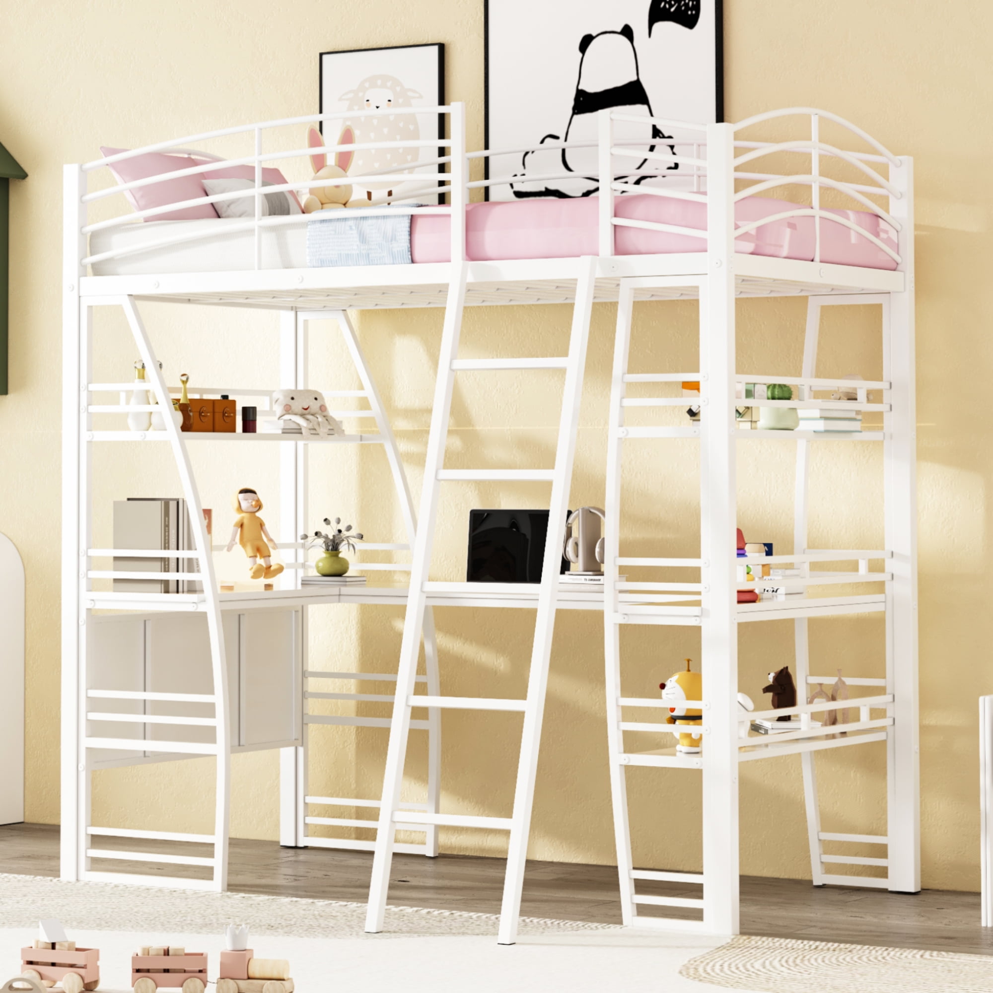 Bellemave Twin Loft Bed with Desk and Storage Shelves, Modern Metal