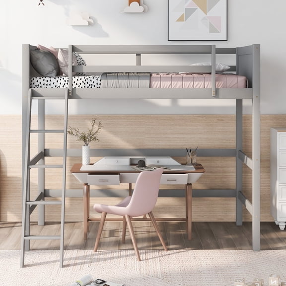 Bellemave Twin Loft Bed with Slanted Ladder Space Saving Twin Wooden Loft Bed for Juniors and Teens Loft Bed Frame with Guardrail and Slats (Gray, Style 1)