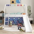 thumbnail image 1 of Bellemave Twin Loft Bed with Slide, Metal Junior House Bed with Curtain Set, Low Loft Beds Frame with Pennant Banner Flag and Star Stickers（White+Blue）, 1 of 9