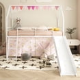 thumbnail image 1 of Bellemave Twin Loft Bed with Slide, Metal Junior House Bed with Curtain Set, Low Loft Beds Frame with Pennant Banner Flag and Star Stickers（White+Pink）, 1 of 9