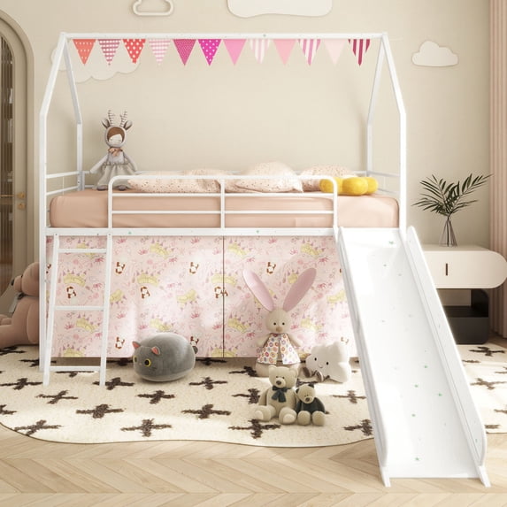 Bellemave Twin Loft Bed with Slide, Metal Junior House Bed with Curtain Set, Low Loft Beds Frame with Pennant Banner Flag and Star Stickers, Blue
