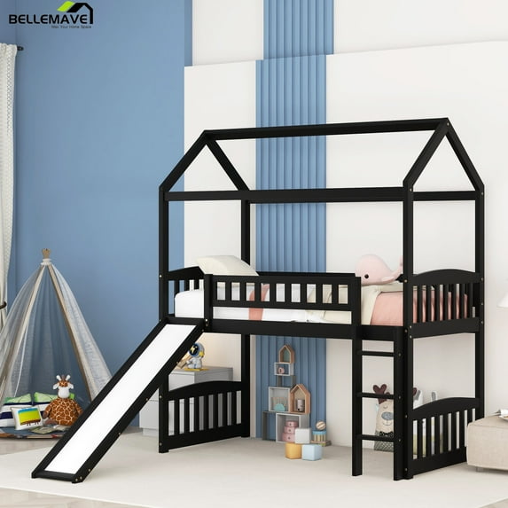 Bellemave Twin Loft Bed with Slide, Wood House Loft Bed with Slide and Ladder, Twin Size Playhouse Slide Bed Frame for Teens, Espresso